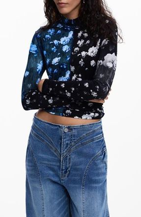 Desigual Floral Print Long Sleeve Shirt in Black at Nordstrom, Size X-Small
