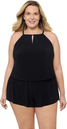 Aqua Green Plus Size Keyhole Blouson Slimming Swimsuit Romper with Pockets in Black at Nordstrom, Size 1X