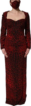 Dolce & Gabbana Womens Red Leopard Print Sheath Long Sleeve Dress Silk