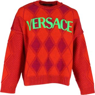 Versace Logo Argyle Sweater in Red Wool