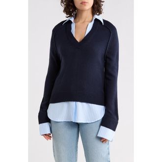 French Connection Babysoft Mixed Media Twofer Sweater in Navy Blue/White at Nordstrom Rack, Size X-Small