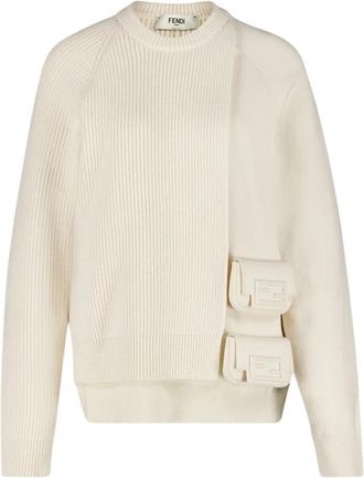 Fendi Wollen kasjmier trui met zakdetail - Dames - Ronde hals truien - Beige - S - Wol - Truien & Vesten