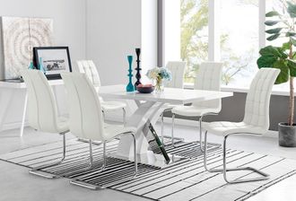 Furniturebox Atlanta Modern Rectangle Chrome Metal High Gloss White Dining Table & 6 Murano Chairs Set in Off-White