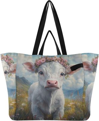 Generic Flower Pink Cow pattern Reusable Canvas Tote Bag, Heavy Duty Grocery Shopping Bag with Double Handles Hard Bottom Large Capacity Work Groceries Travel