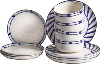 Beliani Vajilla De 12 Piezas De Porcelana Acabado Esmaltado Con Borde Decorativo Para 4 Personas Hecho A Mano Comedor Cocina Blanco Y Azul Shiso