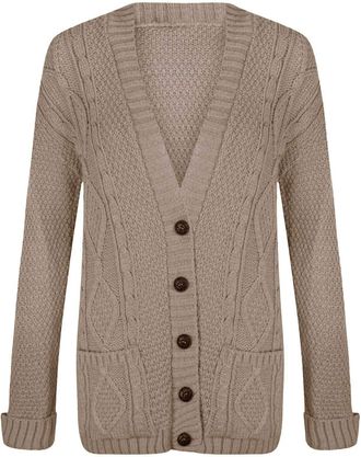 Generic ACHOMO Womens Chunky Cable Knitted Cardigan - Ladies Long Sleeve V-Neck Open Classic 5 Button Granded Cardigans Jumper Sweater Top (Mocha, 20-22)