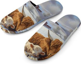 Generic Highland Cow And Little Farmhouse Cotton Slippers for Men Memory Foam House Slippers Soft Anti-skid Sole Indoor Outdoor Shoes