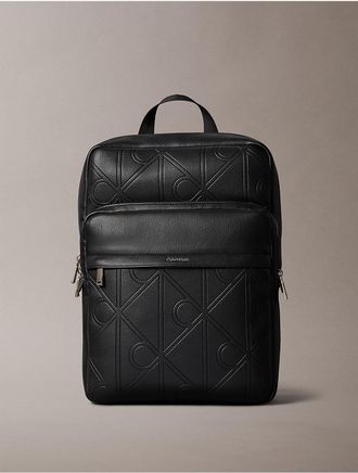 Calvin Klein Mens Allover Embossed Emblem Logo Round Backpack - Black