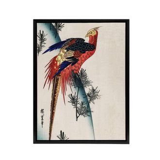 Artery8 Pheasant & Small Pine Framed Canvas Wall Art Print Utagawa Hiroshige in Red | Size: W24 x H32