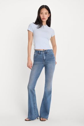 Good American Womens Soft Tech Good Legs Flare Jeans | Extra Stretch, Flat Tummy Tech, Gap-Proof Waistband | Indigo, Size 16 Plus | Good Amer