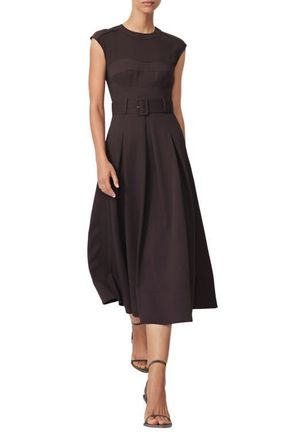 Reiss Ava Belted Cap Sleeve Midi Dress in Burgundy at Nordstrom, Size 12 Us