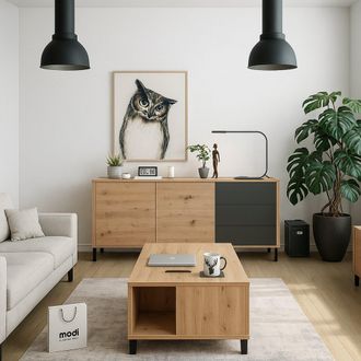 Dmora Aparador Concord, Aparador Moderno Con 2 Puertas Y 3 Cajones, Bufet De Sal&oacute;n, Gabinete De Tv, Aparador Para Sal&oacute;n, Cm 154x41h74, Roble Anudado Y Antra
