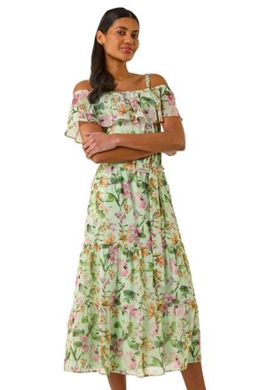 Roman Womens Floral Print Bardot Midi Dress - Mint - Size 14 UK