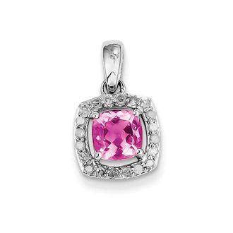 Diamond2Deal Sterling Silver Rhodium-plated Diamond & Pink Tourmaline Square Pendant