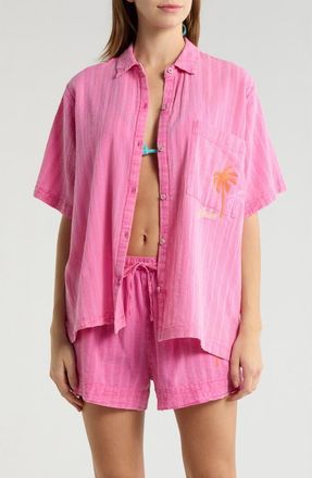 Rip Curl Hotel Malibu Embroidered Yarn Dyed Stripe Button-Up Shirt in Super Pink at Nordstrom, Size Xx-Small