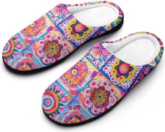 Generic Colorful Bohemian Flowers Cotton Slipper for Women Indoor Outdoor House Shoes Anti-Skid Slippers with Rubber Sole