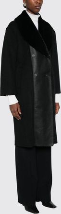 Twinset Knee-Length Double-Breasted Wool Blend Coat with Shearling Interior