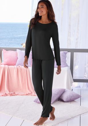 Vivance Pyjama VIVANCE DREAMS, Damen, Gr. 32/34, schwarz, Rippware, Obermaterial: 92% Modal (TENCEL), 8% Elasthan, unifarben, bequem h&uuml;ftlang, Rundhals, einge