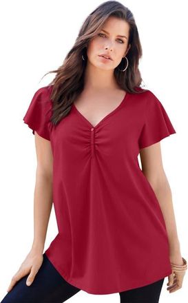 Roaman's Plus Size Cotton Ultimate Flutter Sleeve Sweetheart Tee in Classic Red at Nordstrom, Size 24