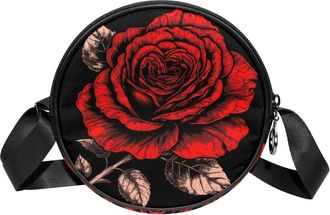 Generic Circle Crossbody Bag for Women, Red Black Rose Small Sling Bag Daypack with Zipper Adjustable Shoulder Straps Casual Ladies Girls Round Purse