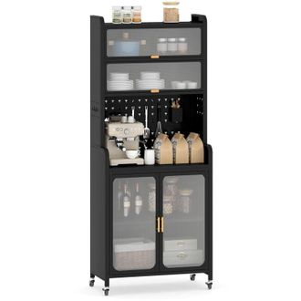 Costway Credenza da Cucina, Armadietto Salvaspazio in Metallo con Ampio Piano di Lavoro, Ripiano Regolabile, Pannello Forato e Ruote, per Sala da