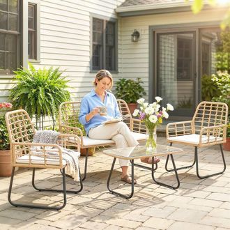 OUTSUNNY Rattan Garden Furniture Set, 4 Piece Outdoor Patio Furniture in Natural