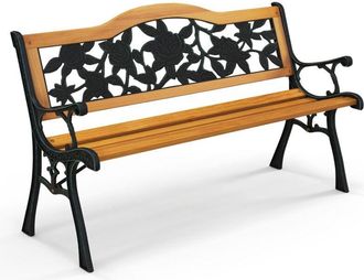 Costway Costway - Banco Jardin Exterior De 3 Plazas, Bancos Para Exterior Con Estructura De Metal Fundido, Asiento De Madera, Reposabrazos Curvos, Banco Mader