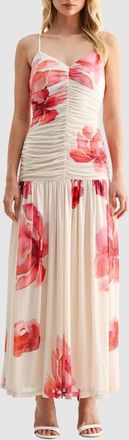 All in Favor Floral Ruched Drop Waist Chiffon Midi Dress in Cream Red Floral at Nordstrom, Size X-Small