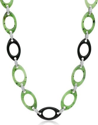 Fred Leighton Green Nephrite, Black Jade & Diamond Openwork Long Necklace in White Gold at Nordstrom, Size 29