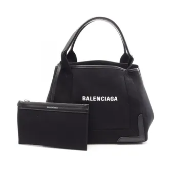 Balenciaga Black Navy Leather Canvas Handbag Tote Bag (Pre-Owned)