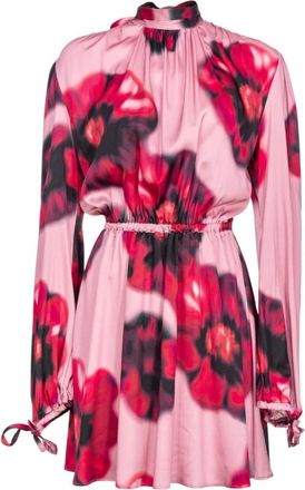 Pinko Bloemen satijnen lange mouw jurk - Dames - Korte kleedjes - Roze - XS - Satijn - Kleedjes