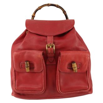 Gucci Vintage Bamboo Leather Red Leather Backpack Bag (Pre-Owned)