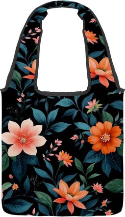 Generic Floral with Leaves Reversible Canvas Shoulder Tote - Double-Sided Print, 12oz Cotton, 27cm Drop, Fold-Flat Bag for Travel, Shopping, Street Outings