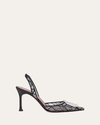 Amina Muaddi Camelia Lace Crystal Slingback Pumps