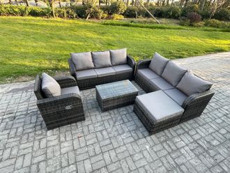 Fimous 8 Seater Rattan Outdoor Garden Furniture Sofa Set Patio Table & Chairs Set with 3 Seater Sofa Reclining Chair 3 Seater Sofa Big Footstool