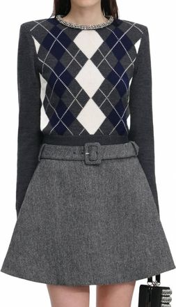 Self Portrait Argyle Crystal Trim Jumper In Grey