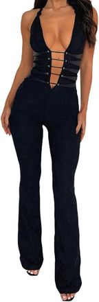 Generic Women Sheer Mesh Lace Jumpsuit Sexy Sleeveless See Through Hollow Out Bodycon Jumpsuits One Piece Club Party Romper (Black,Medium)