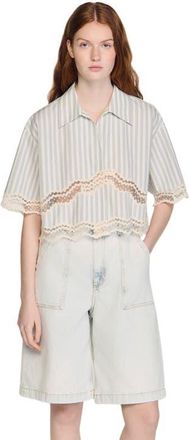 Sandro Cropped striped cotton shirt in Ecru /Bleu at Nordstrom, Size X-Large