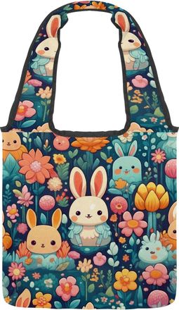 Generic Cartoon Rabbit Family Reversible Canvas Shoulder Tote - Double-Sided Print, 12oz Cotton, 27cm Drop, Fold-Flat Bag for Travel, Shopping, Street Outings