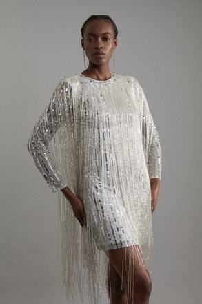 Karen Millen Womens Petite Embellished And Beaded Tassel Woven Mini Dress - Silver - Size 6 UK