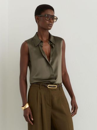 Reiss Khaki Green Silk Sleeveless Shirt, 18