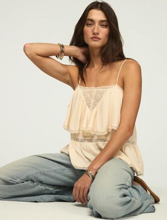 Lucky Brand Womens Lace Mix Yoke Ruffle Tank