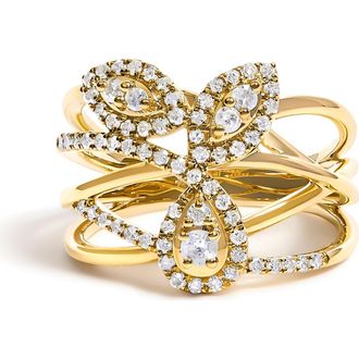 House of Brilliance 10K Yellow Gold 1/2 Cttw Diamond Crossover 3 Leaf Floral Cocktail Ring Band at Nordstrom, Size 8