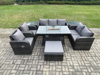 Fimous 8 Seater PE Wicker Outdoor Rattan Garden Furniture Set Propane Gas Fire Pit Table & Sofa Chair set with 2 Side Tables Big Footstool