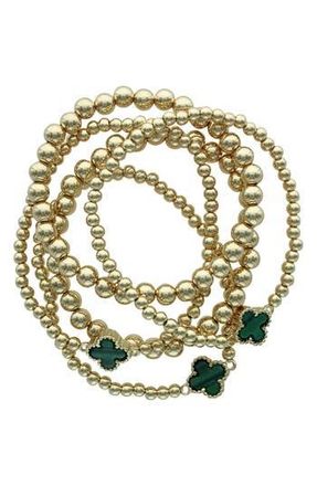 Olivia Welles Set of 5 Clover Beaded Stackable Bracelets in Gold /Green at Nordstrom Rack