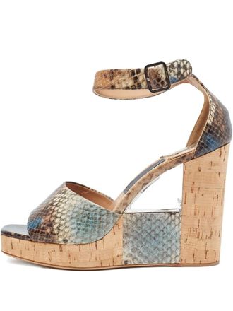 Ferragamo 120mm Python Cork Wedge Sandals - Neutrals