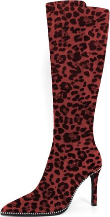 elashe Womens Suede Knee High Boots Leopard Red Ladies Knee length Long Heeled Boots for Women UK with Beads Stiletto 9.5 CM(3.75 inches) High Heels Pointed 