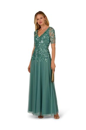 Adrianna Papell Womens Studio Beaded Mesh Long Dress - Green - Size 8 UK