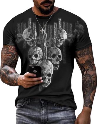 Generic Skull T-Shirts for Men Casual Halloween T-Shirt Creepy Skull Retro Graphic Tees Gothic Basic Top Summer Party Vacation Travel