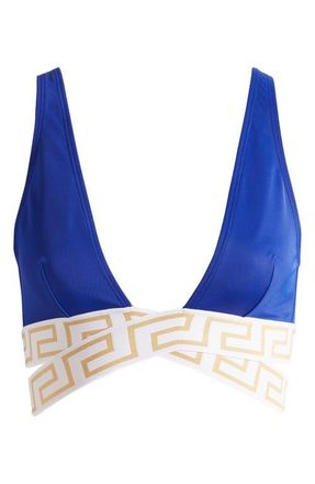 Versace La Greca Bikini Top in Blue/White/Gold at Nordstrom, Size 1